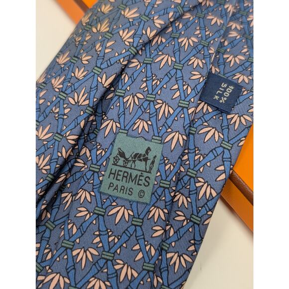 Hermes Paris 100% Silk Bamboo Trees Neck Tie Blue Business Classic - Picture 3 of 9